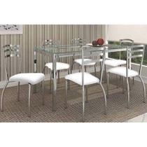 Conjunto: Mesa Sala Jantar Reno c/ Tampo Vidro 150cm + 6 Cadeiras Portugal Cromado/Courano Branco - Kappesberg