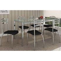 Conjunto: Mesa Sala Jantar Reno c/ Tampo Vidro 150cm + 6 Cadeiras Portugal Cromado/Courano Preto - Kappesberg