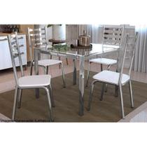 Conjunto: Mesa Sala Jantar Reno c/ Tampo Vidro 90cm + 4 Cadeiras Alemanha Cromado/Courano Branco - Kappesberg