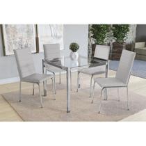 Conjunto: Mesa Sala Jantar Reno c/ Tampo Vidro 90cm + 4 Cadeiras Amsterdã Cromado/Courano Branco - Kappesberg