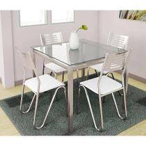 Conjunto: Mesa Sala Jantar Reno c/ Tampo Vidro 90cm + 4 Cadeiras Nápoles Cromado/Courano Branco - Kappesberg