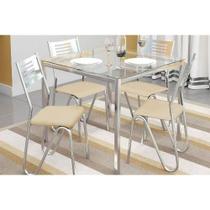 Conjunto: Mesa Sala Jantar Reno c/ Tampo Vidro 90cm + 4 Cadeiras Nápoles Cromado/Courano Nude - Kappesberg