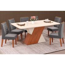 Conjunto: Mesa Sala Jantar Rubi Tampo Madeirado c/ Vidro Canto Reto 170x90cm e 6 Cadeiras Ondina Freijo/Off White/Off White - Suede Lunar - DJ Móveis