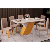 Conjunto: Mesa Sala Jantar Rubi Tampo Madeirado c/ Vidro Curvo 170x90cm e 6 Cadeiras Lia Cedro/Off White/Off White - Suede Kraft - DJ Móveis Conjunto: Mesa Sala Jantar Rubi Tampo Madeirado c/ Vidro Curvo 170x90cm e 6 Cadeiras Lia Cedro/Off White/Off White - Suede Kraft - DJ Móveis