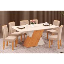 Conjunto: Mesa Sala Jantar Rubi Tampo Madeirado c/ Vidro Curvo 170x90cm e 6 Cadeiras Zoe Cedro/Off White/Off White - Suede Creme - DJ Móveis Conjunto: Mesa Sala Jantar Rubi Tampo Madeirado c/ Vidro Curvo 170x90cm e 6 Cadeiras Zoe Cedro/Off White/Off White - Suede Creme - DJ Móveis