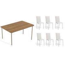 Conjunto: Mesa Sala Jantar Sena c/ Tampo de Madeira 1.60cm + 6 Cadeiras Amsterdã Niquel/Branco 106 - Kappesberg