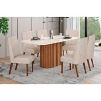 Conjunto: Mesa Sala Jantar Solana c/ Tampo Madeirado c/ Vidro Curvo 160x90cm e 6 Cadeiras Eloa Nature/Suede Light Linho - Henn