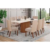 Conjunto: Mesa Sala Jantar Solana SC66 Tampo Madeirado c/ Vidro Canto Curvo 200x90cm e 8 Cadeiras Anne Nature/Courano/Creme - Henn
