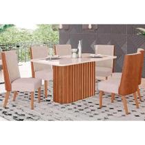Conjunto: Mesa Sala Jantar Solana SC68 Tampo Madeirado c/ Vidro Canto Curvo 160x90cm e 6 Cadeiras Anne Nature/Courano/Creme - Henn