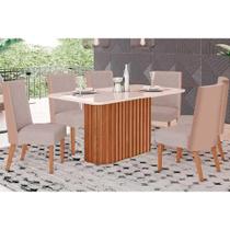 Conjunto: Mesa Sala Jantar Solana SC68 Tampo Madeirado c/ Vidro Canto Curvo 160x90cm e 6 Cadeiras Anne Nature/Courano/Linho - Henn