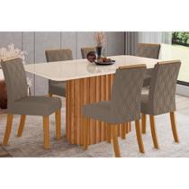 Conjunto: Mesa Sala Jantar Solana SC68 Tampo Madeirado c/ Vidro Canto Curvo 160x90cm e 6 Cadeiras Vita Nature/Suede Light Bege - Henn