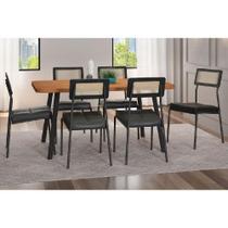 Conjunto: Mesa Sala Jantar Stellar 1597 Aço c/ Tampo Madeirado 160x90cm e 6 Cadeiras Lux Preto/Nogal - Preto/Grafite - Preto - Carraro Conjunto: Mesa Sala Jantar Stellar 1597 Aço c/ Tampo Madeirado 160x90cm e 6 Cadeiras Lux Preto/Nogal - Preto/Grafite - Preto - Carraro