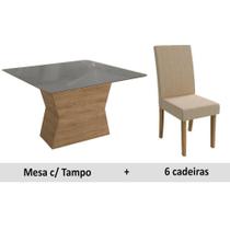 Conjunto: Mesa Sala Jantar Tília c/ Tampo Madeirado c/ Vidro 130cm + 6 Cadeiras CAD131 Freijó/Inox/Bege - Kappesberg