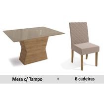 Conjunto: Mesa Sala Jantar Tília c/ Tampo Madeirado c/ Vidro 160cm + 6 Cadeiras CAD133 Freijó/Bronze/Bege - Kappesberg