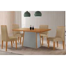 Conjunto: Mesa Sala Jantar Tilia c/ Tampo Madeirado Canto Curvo 120x80cm e 4 Cadeiras Dakota Naturale/Off White - Linho Bege - Rufato