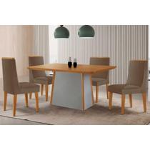 Conjunto: Mesa Sala Jantar Tilia c/ Tampo Madeirado Canto Curvo 120x80cm e 4 Cadeiras Dakota Naturale/Off White - Suede Capuccino - Rufato Conjunto: Mesa Sala Jantar Tilia c/ Tampo Madeirado Canto Curvo 120x80cm e 4 Cadeiras Dakota Naturale/Off White - Suede Capuccino - Rufato