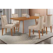 Conjunto: Mesa Sala Jantar Tilia c/ Tampo Madeirado Canto Curvo 180x90cm e 6 Cadeiras Pietá Naturale/Off White - Suede Creme - Rufato