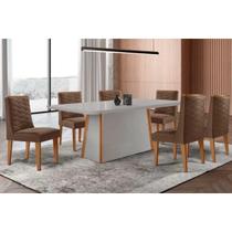 Conjunto: Mesa Sala Jantar Tilia Curvo 180cm + 6 Cadeiras Dafne Madeira Naturale/Off White - Capuccino/Suede Marrom - Rufato