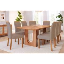 Conjunto: Mesa Sala Jantar Valentina c/ Tampo Madeirado 210x100cm e 8 Cadeiras Clarice Cinamomo - Carvalho/Suede Joli Capuccino - Cimol