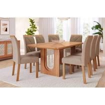 Conjunto: Mesa Sala Jantar Valentina c/ Tampo Madeirado 210x100cm e 8 Cadeiras Fernanda Cinamomo - Carvalho/Linho Bege Cimol