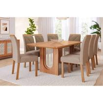 Conjunto: Mesa Sala Jantar Valentina c/ Tampo Madeirado 210x100cm e 8 Cadeiras Fernanda Cinamomo - Carvalho/Linho Bege - Cimol