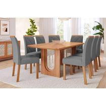 Conjunto: Mesa Sala Jantar Valentina c/ Tampo Madeirado 210x100cm e 8 Cadeiras Fernanda Cinamomo - Carvalho/Linho Grafite Cimol