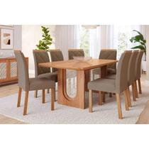 Conjunto: Mesa Sala Jantar Valentina c/ Tampo Madeirado 210x100cm e 8 Cadeiras Fernanda Cinamomo - Carvalho/Suede Joli Capuccino Cimol