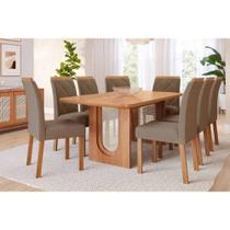 Conjunto: Mesa Sala Jantar Valentina c/ Tampo Madeirado 210x100cm e 8 Cadeiras Fernanda Cinamomo - Carvalho/Suede Joli Capuccino - Cimol
