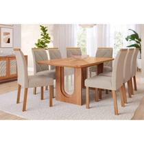 Conjunto: Mesa Sala Jantar Valentina c/ Tampo Madeirado 210x100cm e 8 Cadeiras Fernanda Cinamomo - Carvalho/Suede Nude Bege - Cimol
