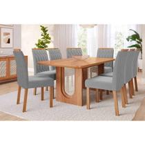 Conjunto: Mesa Sala Jantar Valentina c/ Tampo Madeirado 210x100cm e 8 Cadeiras Paola Cinamomo - Carvalho/Linho Grafite - Cimol