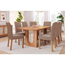 Conjunto: Mesa Sala Jantar Valentina c/ Tampo Madeirado 210x100cm e 8 Cadeiras Paola Cinamomo - Carvalho/Suede Joli Capuccino Cimol