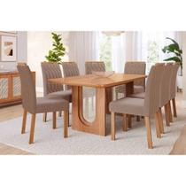 Conjunto: Mesa Sala Jantar Valentina c/ Tampo Madeirado 210x100cm e 8 Cadeiras Paola Cinamomo - Carvalho/Suede Joli Capuccino - Cimol