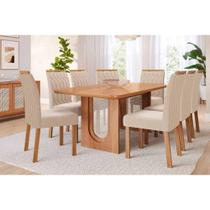Conjunto: Mesa Sala Jantar Valentina c/ Tampo Madeirado 210x100cm e 8 Cadeiras Paola Cinamomo - Carvalho/Suede Nude Bege - Cimol