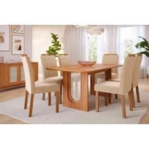 Conjunto: Mesa Sala Jantar Valentina Tampo Madeirado 180x90cm e 6 Cadeiras Paola Cinamomo - Carvalho/Suede Nude Bege Cimol