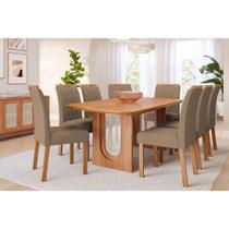 Conjunto: Mesa Sala Jantar Valentina Tampo Madeirado 210x100cm e 8 Cadeiras Juliana Cinamomo - Carvalho/Suede Joli Capuccino - Cimol