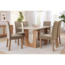 Conjunto: Mesa Sala Jantar Valentina Tampo Madeirado c/ Vidro 180x90cm e 6 Cadeiras Clarice Cinamomo/Off White - Carvalho/Suede Joli Capuccino - Cimol
