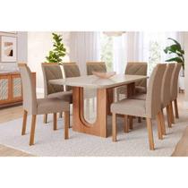 Conjunto: Mesa Sala Jantar Valentina Tampo Madeirado c/ Vidro 210x100cm e 8 Cadeiras Fernanda Cinamomo/Off White - Carvalho/Linho Bege - Cimol Conjunto: Mesa Sala Jantar Valentina Tampo Madeirado c/ Vidro 210x100cm e 8 Cadeiras Fernanda Cinamomo/Off White - Carvalho/Linho Bege - Cimol