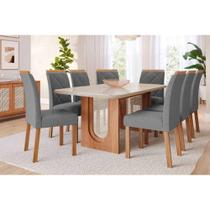 Conjunto: Mesa Sala Jantar Valentina Tampo Madeirado c/ Vidro 210x100cm e 8 Cadeiras Fernanda Cinamomo/Off White - Carvalho/Linho Grafite - Cimol