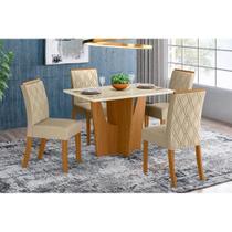 Conjunto: Mesa Sala Jantar Vértice c/ Tampo Madeirado c/ Vidro 120cm + 4 Cadeiras Vita Nature/Veludo Light Linho - Henn