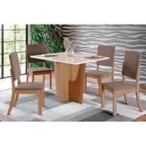 Conjunto: Mesa Sala Jantar Vértice c/ Tampo Reto Madeirado c/ Vidro 120x80cm e 4 Cadeiras Milla Nature/Suede Light Marrom Amendoa - Henn