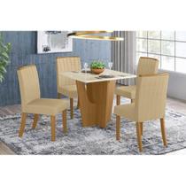 Conjunto: Mesa Sala Jantar Vértice Tampo Madeirado 90cm Canto Reto + 4 Cadeiras Tauá Nature/Linho - Henn