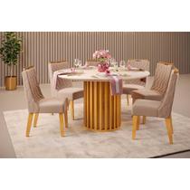 Conjunto: Mesa Sala Jantar Viena c/ Tampo Madeirado c/ Vidro 136x136cm e 6 Cadeiras Bia Cedro/Off White - Suede Kraft - DJ Móveis Conjunto: Mesa Sala Jantar Viena c/ Tampo Madeirado c/ Vidro 136x136cm e 6 Cadeiras Bia Cedro/Off White - Suede Kraft - DJ Móveis