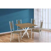 Conjunto: Mesa Sala Jantar Volga c/ Tampo de Madeira 90cm e 4 Cadeiras Lisboa Cromado/Nogueira - Capuccino - Kappesberg