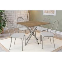 Conjunto: Mesa Sala Jantar Volga c/ Tampo de Madeira 90cm e 4 Cadeiras Noruega Niquel/Nogueira - Branco - Kappesberg