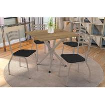 Conjunto: Mesa Sala Jantar Volga c/ Tampo de Madeira 90cm e 4 Cadeiras Portugal Niquel/Nogueira - Courano Preto - Kappesberg