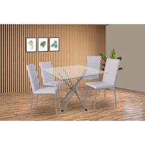 Conjunto: Mesa Sala Jantar Volga c/ Tampo de Vidro 90cm e 4 Cadeiras Amsterdã Niquel - Courano Branco - Kappesberg