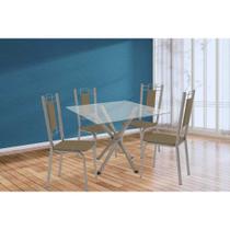 Conjunto: Mesa Sala Jantar Volga c/ Tampo de Vidro 90cm e 4 Cadeiras Florença Niquel - Courano Capuccino - Kappesberg