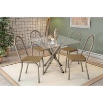 Conjunto: Mesa Sala Jantar Volga c/ Tampo de Vidro 90cm e 4 Cadeiras Holanda Niquel - Courano Capuccino - Kappesberg