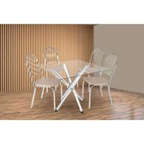Conjunto: Mesa Sala Jantar Volga c/ Tampo de Vidro 90cm e 4 Cadeiras Noruega Cromada - Courano Bege - Kappesberg