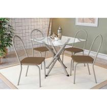 Conjunto: Mesa Sala Jantar Volga c/ Tampo de Vidro 90cm e 4 Cadeiras Noruega Niquel - Courano Capuccino - Kappesberg